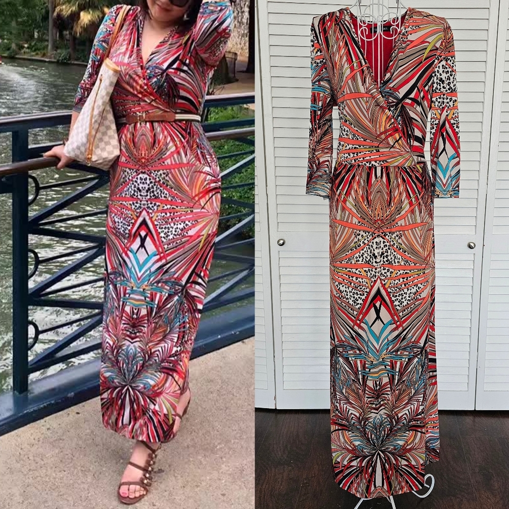 Ellen Tracy Tropical Leaf Leopard Print Maxi V-Neck Faux Wrap Dress Size 10